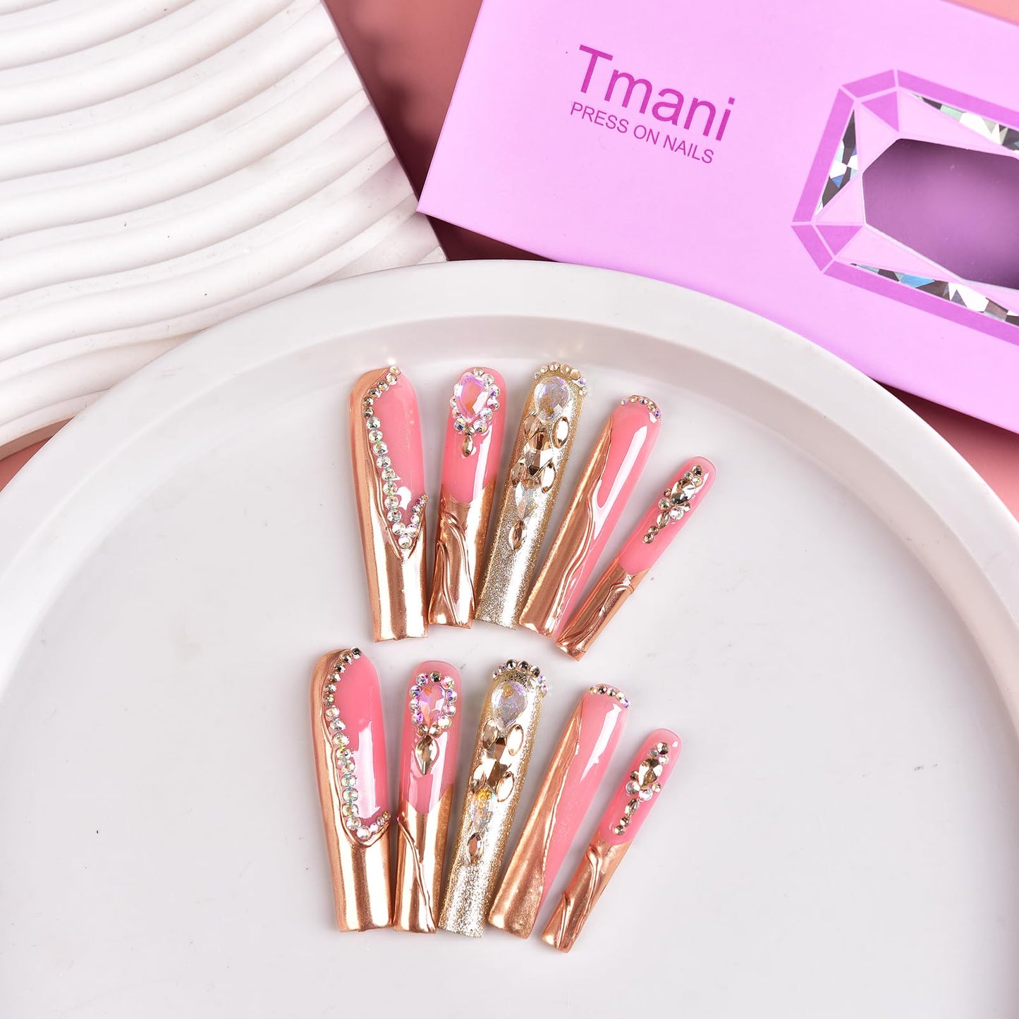 Tmani 10pc/set Extra Long Handmade Press On Nail Hot Girl's Long Ballet Nails Square Nail Full of Diamond Glitter Decoration Fake Nails Suitable For Girls Festival Parties and Birthday Gift (289,L)