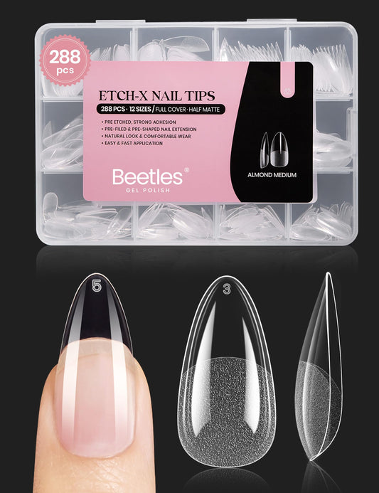 Beetles Gel Nail Tips Medium Almond Etch X, 12 Sizes 288 PCS Half Matte Full Cover Press on False Nail Tips Clear Acrylic Nails Extension Glue on Nails DIY Gift for Women