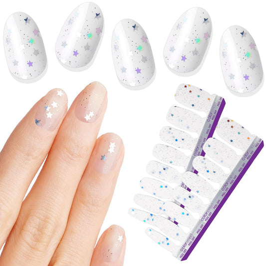 Color Street Wishing Stars Glitter Nail Strips - Holographic Star Overlay - Clear Glitter Finish - Layer Over Nail Color or Wear Alone - 16 Double-Ended Nail Strips - Easy Peel & Stick No Drying Time