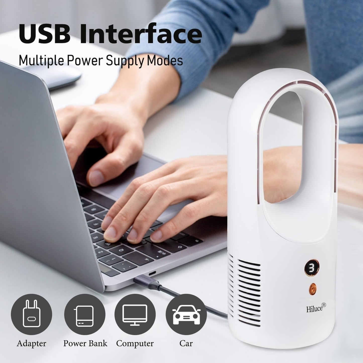 Hiluce Desk Fan Bladeless,6 Speeds 11.8 Inch Portable Office Fan, Battery USB Fans,Easy to Clean, Small Quiet Table Fan for Personal Bedroom Home Office Desktop, White