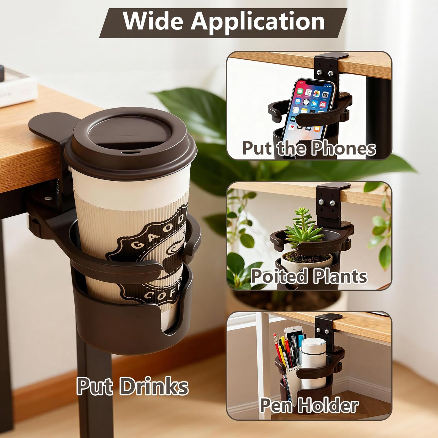 JAXYOOM Desk Cup Holder Clip On 360° Rotating Clamp,Deeper Anti-Spill Drink Holders for Water Bottles & Coffee Mugs,Adjustable Clamp Fits Screw On Table for Drinks,Office,Gaming Desk,Home,Black