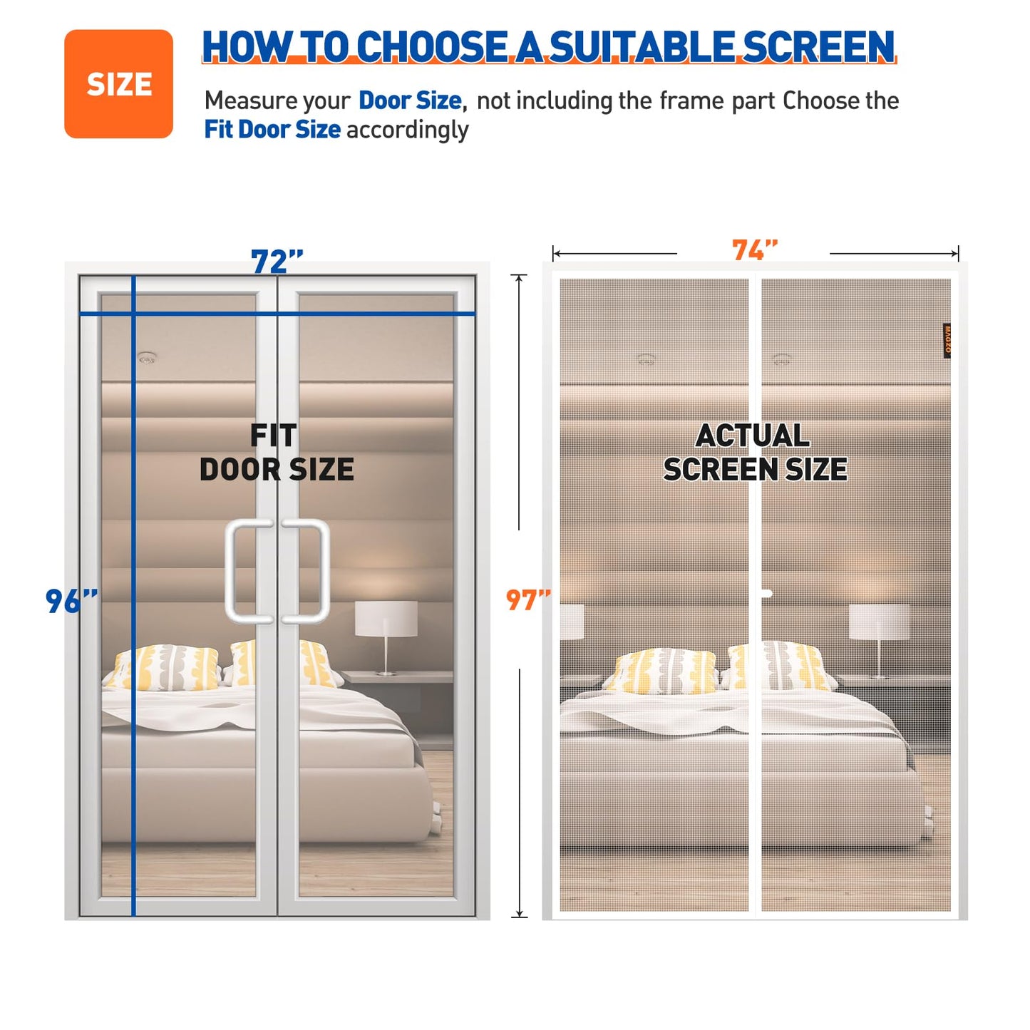 MAGZO Magnetic Screen Door Fit Door Size 72 x 96 Inch, Screen Size 74" x 97" Polyester Sturdy Mesh with Heavy Duty Full Frame Hook & Loop-White