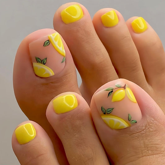 Summer Press on Toenails Pink Fake Toe nails with Yellow Lemon Pattern Design Short Square Toe nails Press ons Acrylic Stick on Toenails for Women 24Pcs