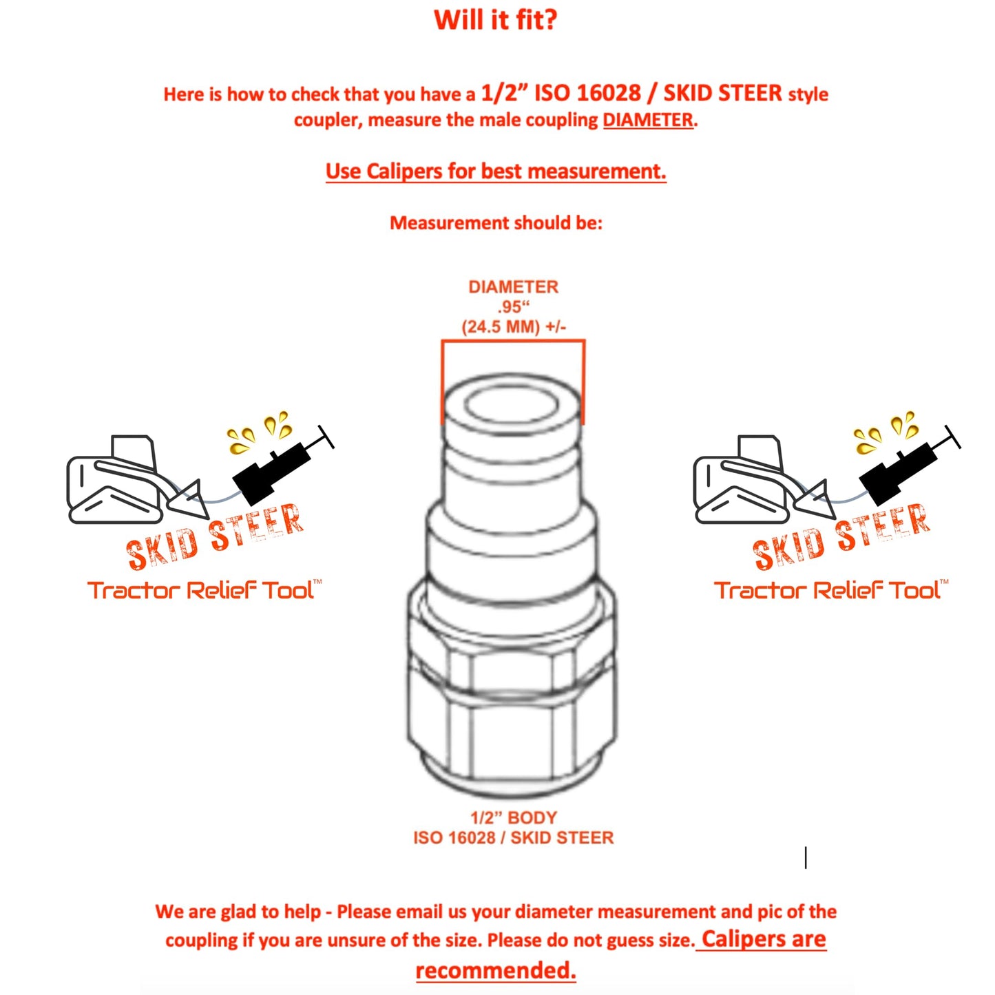 1/2" ISO 16028 Flat Face Skid Steer Male Hydraulic Quick Coupler Pressure Decompression Relief Release Tool by Tractor Relief Tool™