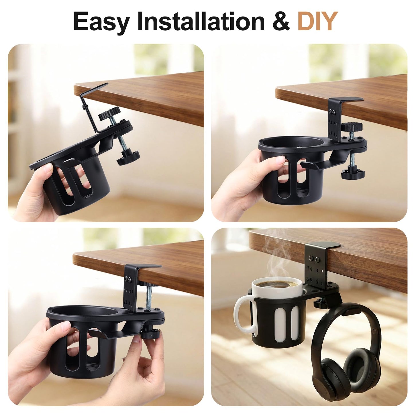 DecBeLiv 360° Rotating Cup Holder wiht Hook Under Desk Anti Spill Space Saving for Home Office Camping