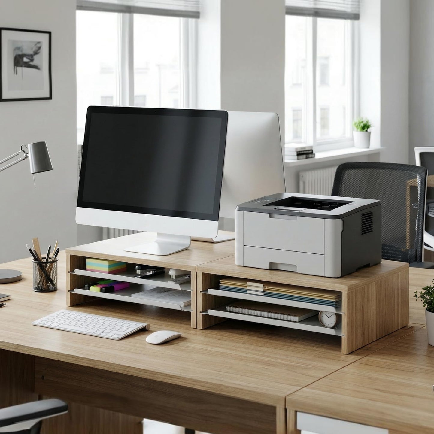 Fenge Monitor Stand, 3-Tier Monitor Riser with Slide-Out Tray, Wooden and Metal Desktop Organizer for Home Office, Computer, Laptop, Printer, Telephone
