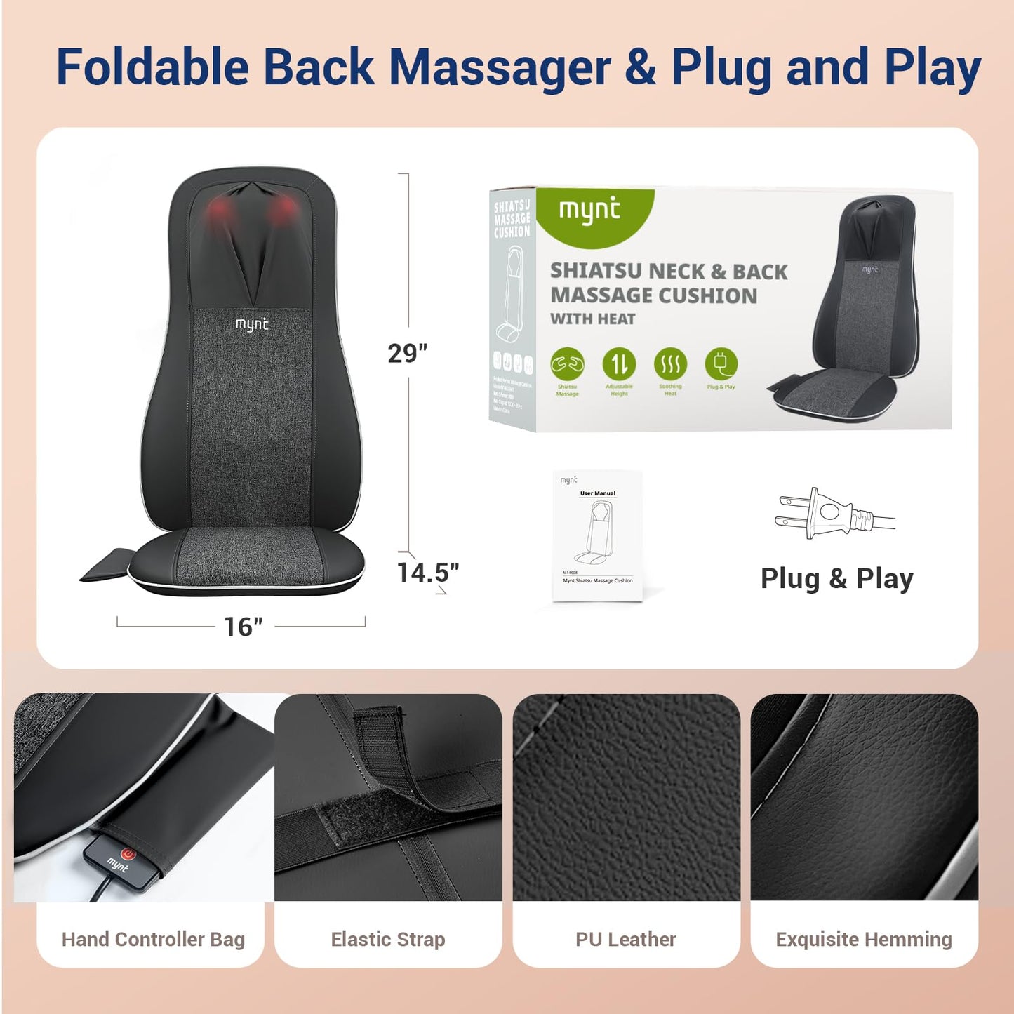 Mynt Shiatsu Neck and Back Massager with Heat, 3D Kneading Full Back Massager for Pain Relief Deep Tissue, Foldable Adjustable Chair Massager for Home Office, Gifts for Mom Dad, Black