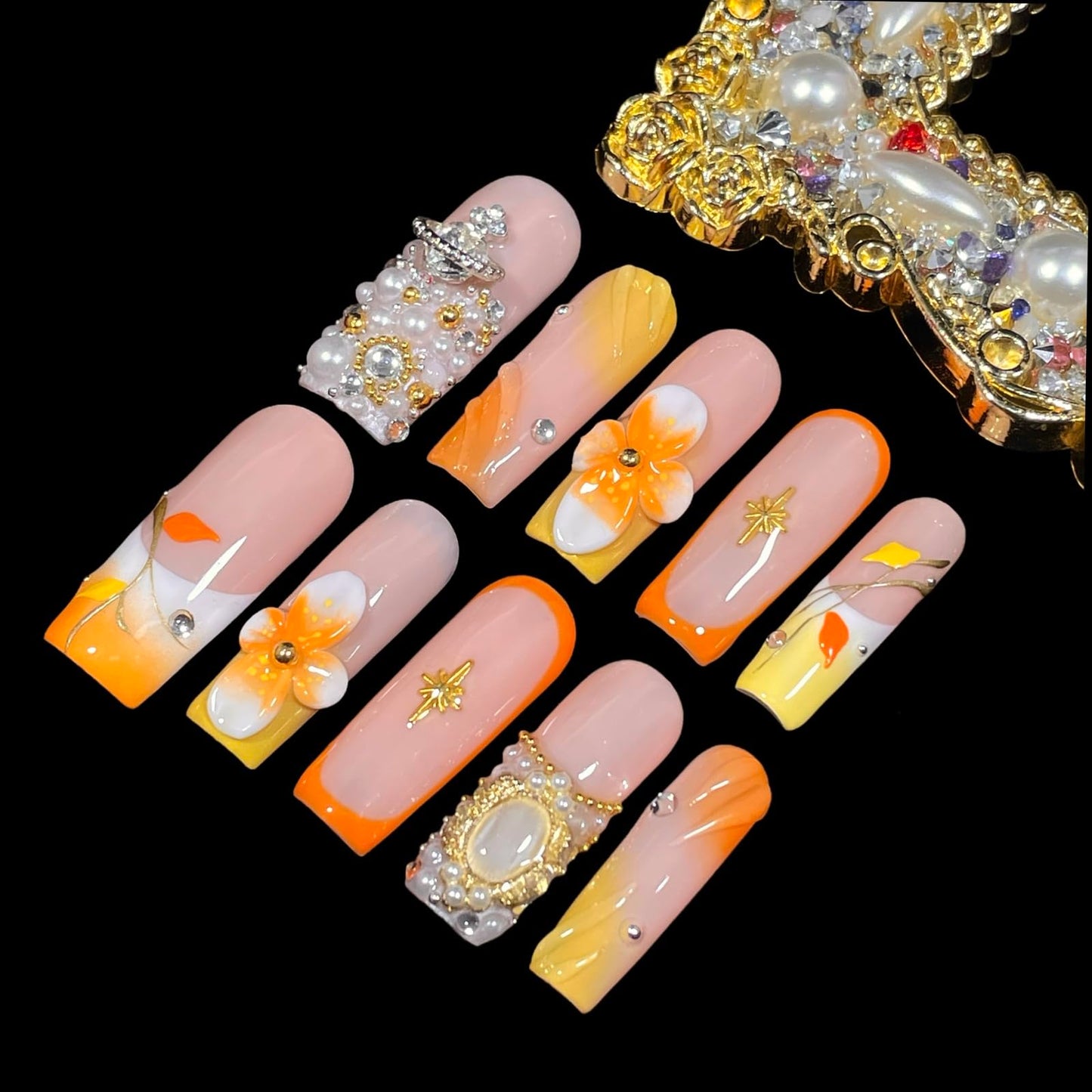 Handmade Press On Nails Medium/Long Square – Orange & Yellow 3D Floral Design with Diamonds, Pearl Chains & Retro Accents | Reusable Acrylic False Nails Gift for Women & Girls (S size)