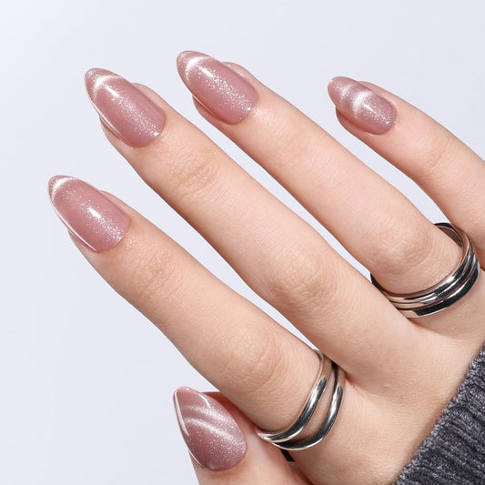 Cat Eye French Tip Press On Nails Almond - Pink Short Almond Fake Nails, Nude Pink Cateye Press On Nails Reusable Stick On Nails in 16 Sizes, 32pcs False Nail Kit for Women & Girls (Chantilly)