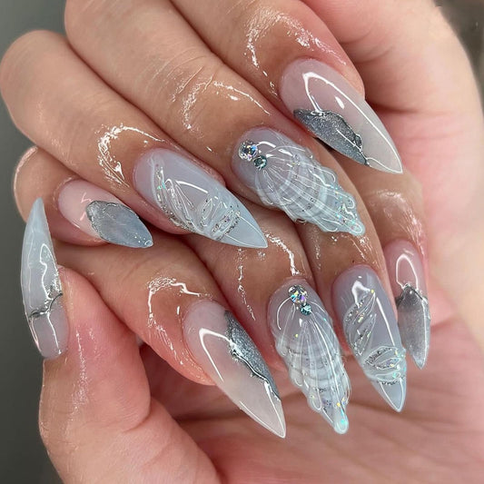 Press on Nails Medium Size Almond Color Acrylic False Nails 3D Mermaid Tail Blue False Nails with Glitter Rhinestones Design Stiletto Nails Press-On Gloss Full Coverage Stick-On Nails Women Gift LL02