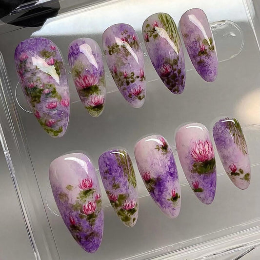 PODUOJIEYI 24Pcs Almond Press-On False Nails with Pink Lotus Flower Design, Glossy Purple Gradient Acrylic Artificial Nails for Women Manicure Salon