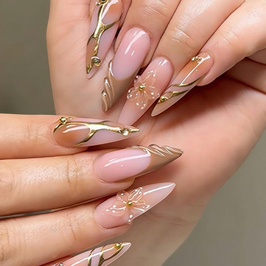 RUOKEXIN Long Almond Press on Nails French Tip Fake Nails Brown False Nails with 3D Flower Designs Stiletto Nail Press ons Sparkly Artificial Nails for Women 30Pcs