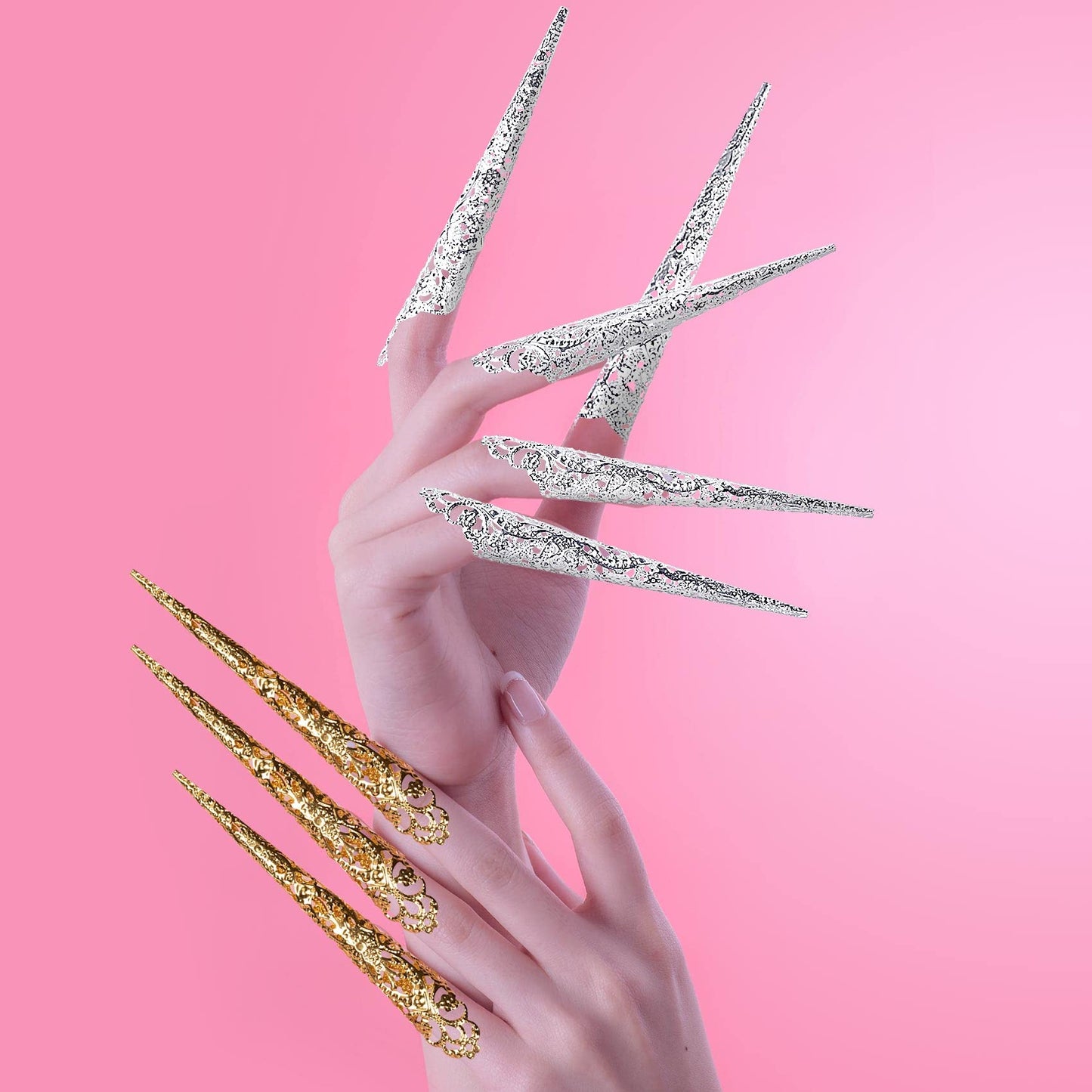 ANCIRS 20 Pack Finger Nail Tip Claw Rings, Ancient Queen Costume Fingertip Claw Nail Rings Decoration Accessory, Finger Knuckle Protectors for Halloween Cosplay Drama Dance Show- 10 Gold & 10 Silver