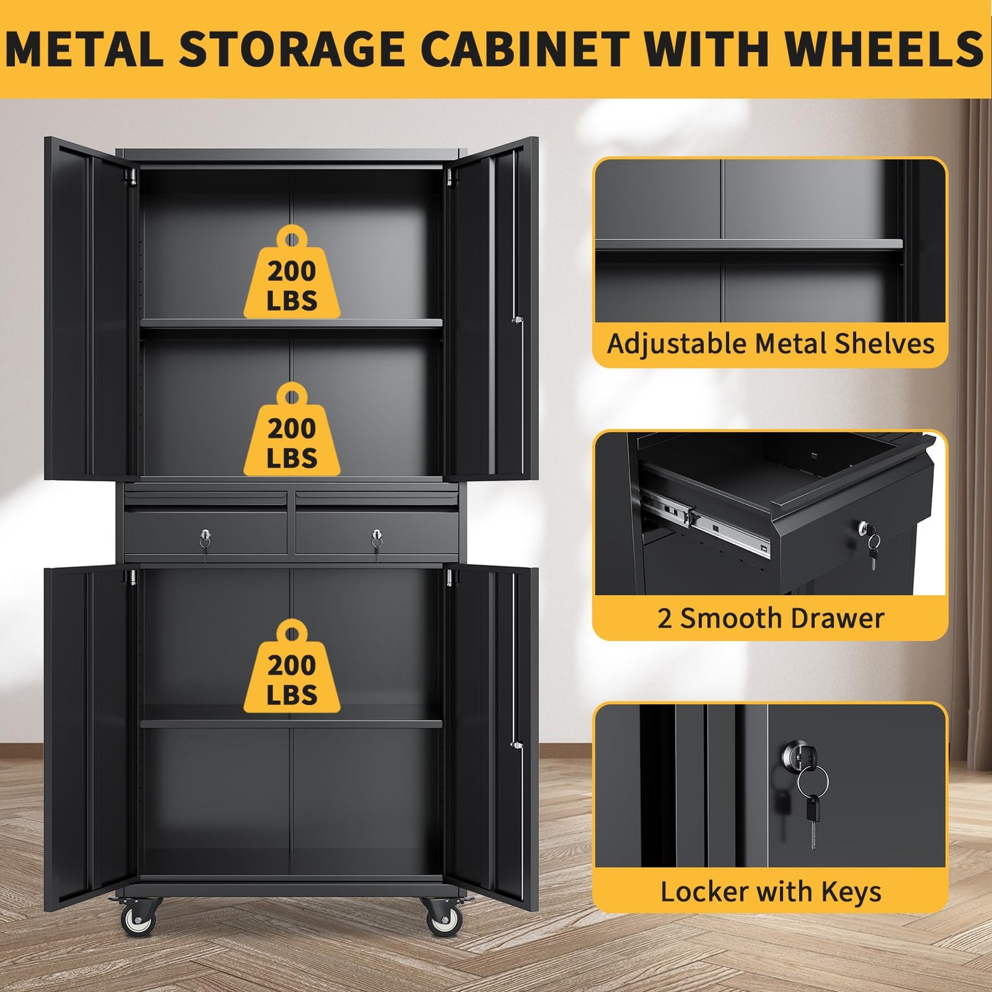GarveeTech 73 in Metal Storage Cabinet w/Locking Doors | Adjustable Shelves + 2 Drawers | Robust Utility Storage for Garage Organization-Dark Black with Casters