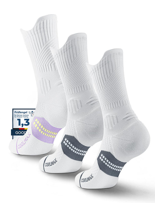 Juclise Bamboo Viscose Compression Running Crew Socks, Coolmax Moisture-Wicking Anti-Blister Hiking&Gym Athletic Socks (US, Alpha, Medium, Regular, Regular, Glacier White*2+Bright Lilac*1)