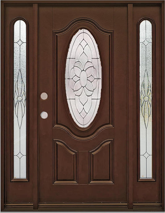 BGW Doors Mahogany Finish Fiberglass Single Front Entry Door with Oval Glass, Prehung Pre-Finished Exterior Door, Right Inswing, FD800D 12x36x12x80