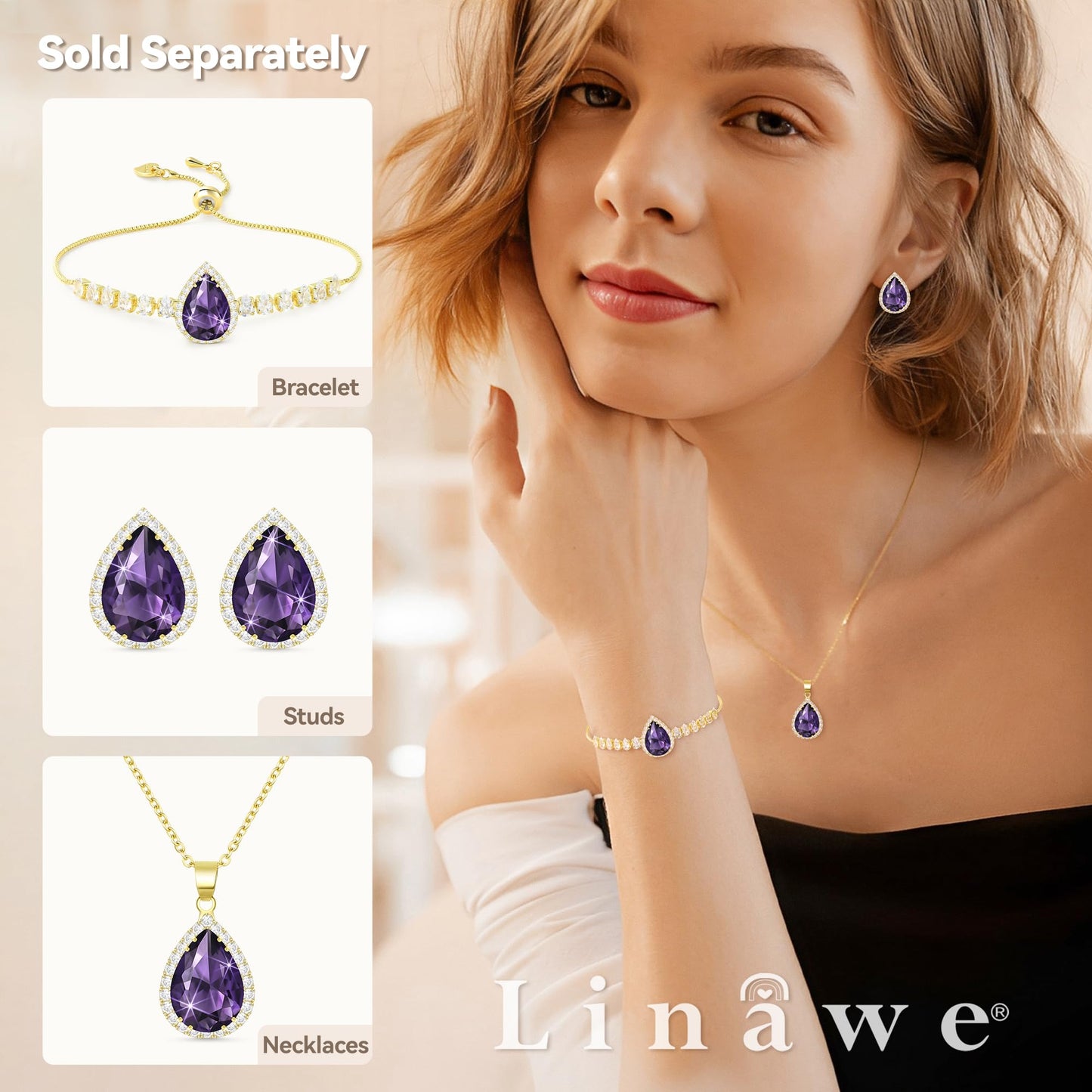Linawe Purple Earrings Studs, Imitation Diamond Gold Stud Earrings for Women, Cubic Zirconia Teardrop Rhinestone Crystal Piercing Jewelry, Wedding Brial Bridesmaid Costume Earring Set