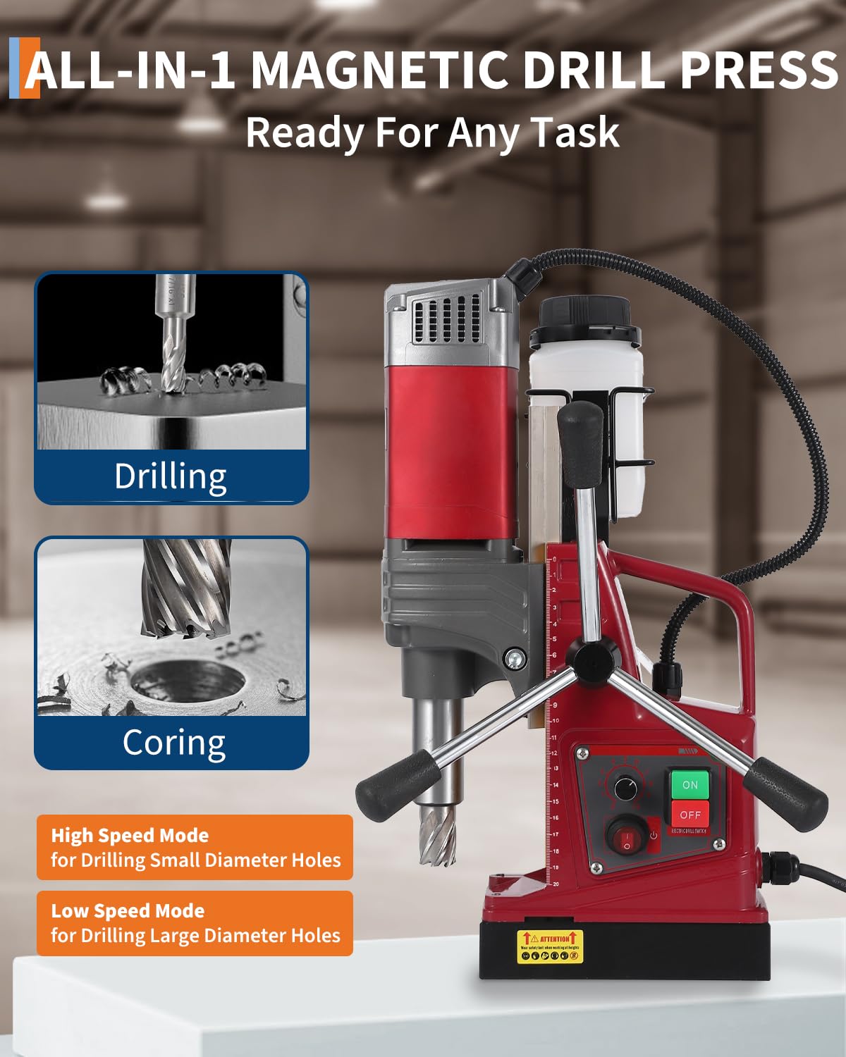 GarveeTech Mag Drill Press, 1.57" Boring Diameter, 820 RPM, 2922 Lbf/13000N, 1450W, Portable Magnetic Drill Kits with Adapter & 10-Speed, Double Dovetail, Electric Drilling Machine for Home Industry
