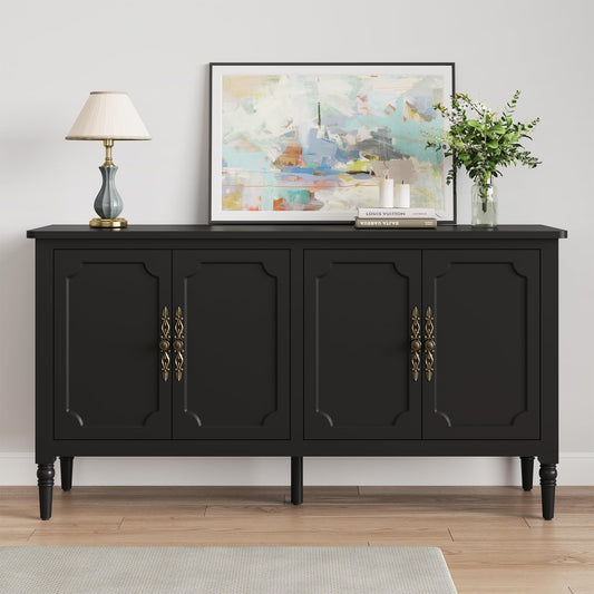 FansaFurn Console Table, 58'' Mid Century Modern Pantry Cabinet, Wood Buffet Sideboard, Media Credenza with 4 Doors, Accent Storage for Entryway, Living Room, Bedroom, Dining Room (Black)