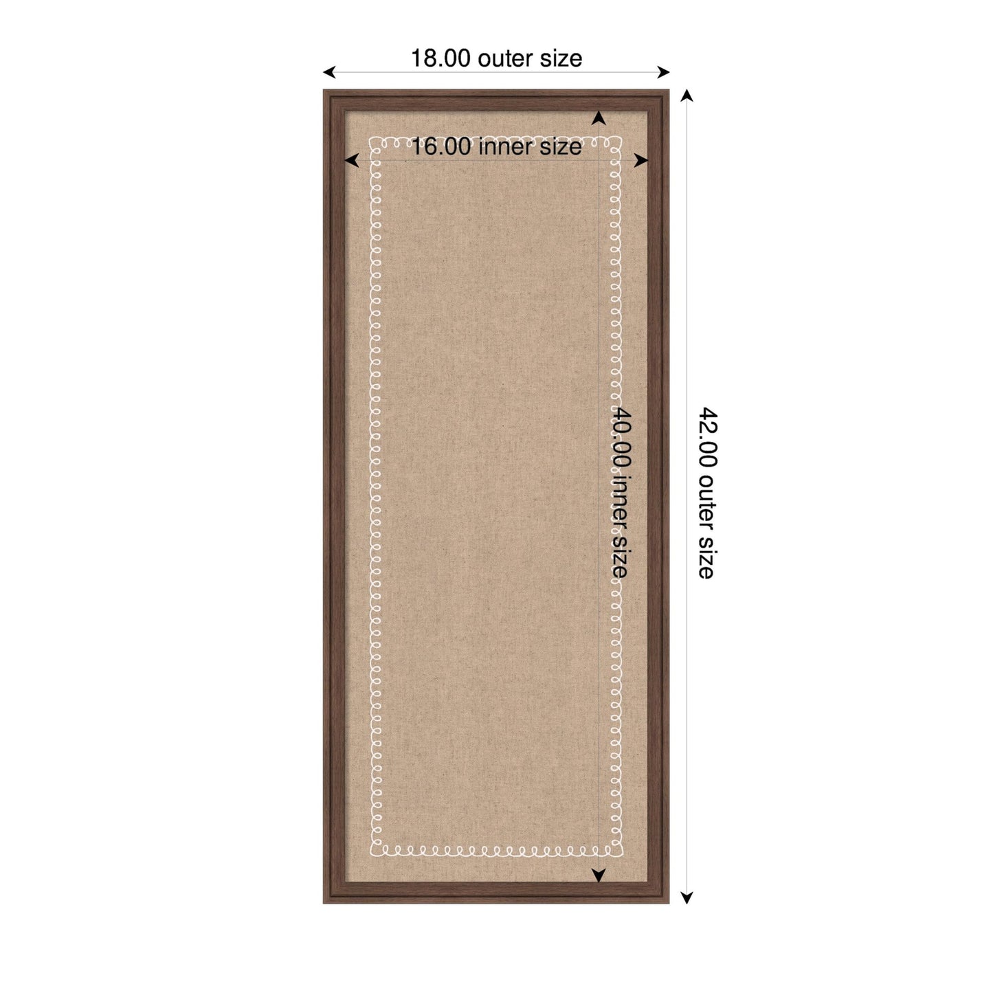 Kate and Laurel Framed Fabric Pinboard 18 x 42, White Scalloped Edge Printed Linen Classic Bulletin Board for Use as a Vision Board or Wall Organization, Florence Medium Brown Frame
