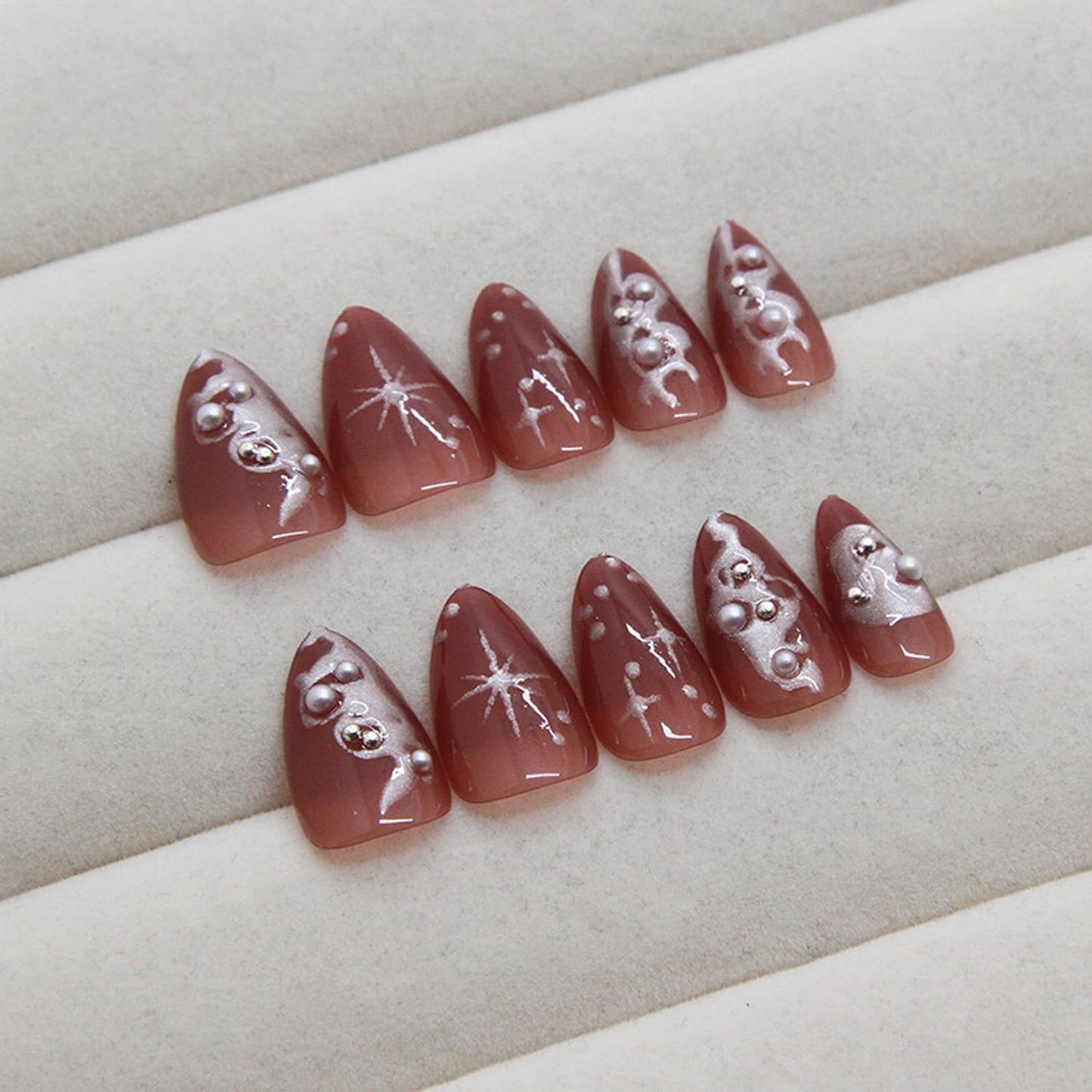 24pcs Dark Press on Nails Medium Fake Nails with 3D Irregular Pearl Design Full Cover Artificial Glue on Nails Dark Style French Nails Cute Stick on Nails Almond Shape Wearable Nail Tips for Women
