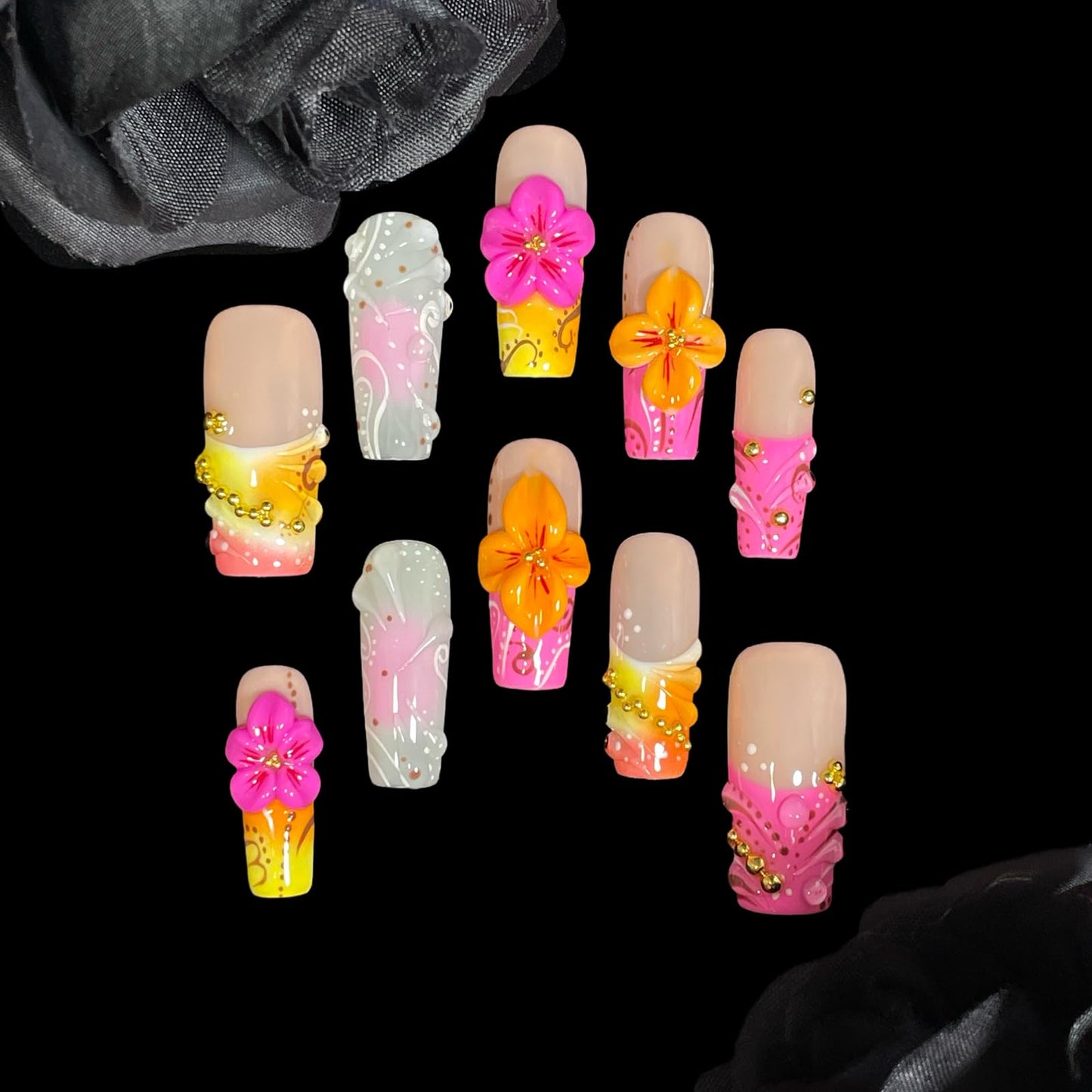 Handmade Press on Nails 3D Floral Medium/Long Square False Nails | Pink & Yellow Gradient | Bohemian Design| Reusable Acrylic Fake Nails (Sunburst, S)