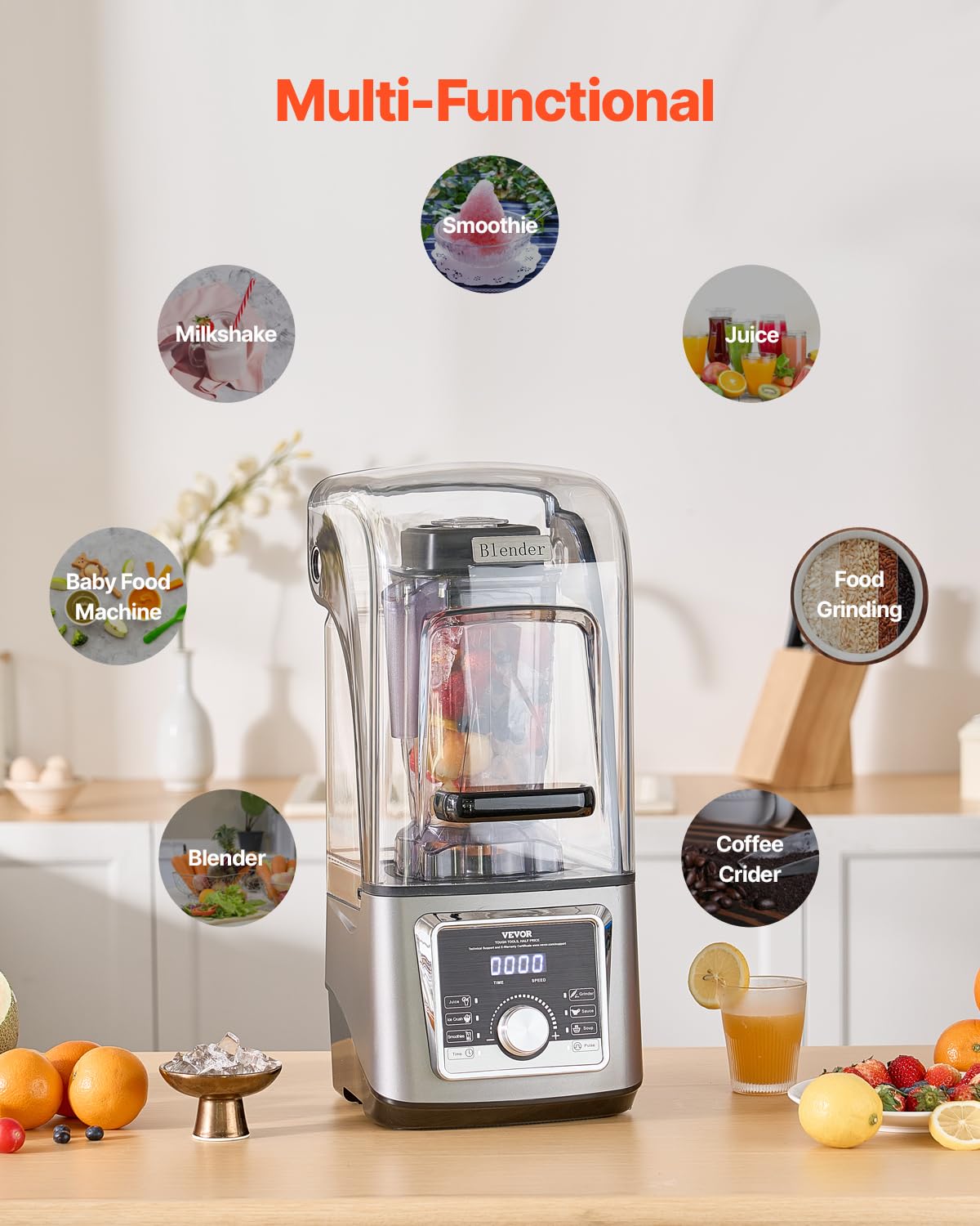 VEVOR Blender for Smoothies, 85 oz 1400W, Professional Blender with Powerful Motor, Multi-Functional Food Processing with Noise Cover for Smoothie/Milkshake/Juice, Fits for Kitchen