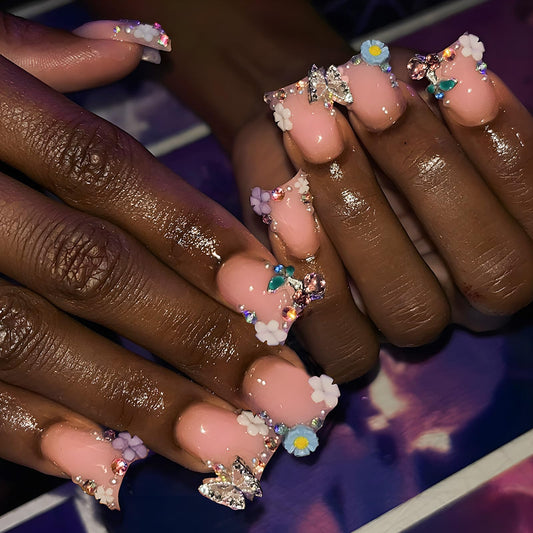 IMRAIN Duck Ombre Press on Nails - Gel Medium Fake Nails with Nail Glue, Rhinestone Flower French Nail Tips, Reusable Full Cover False Nails, Luxury Nude Acrylic Duck Feet Flared Glue on Nails
