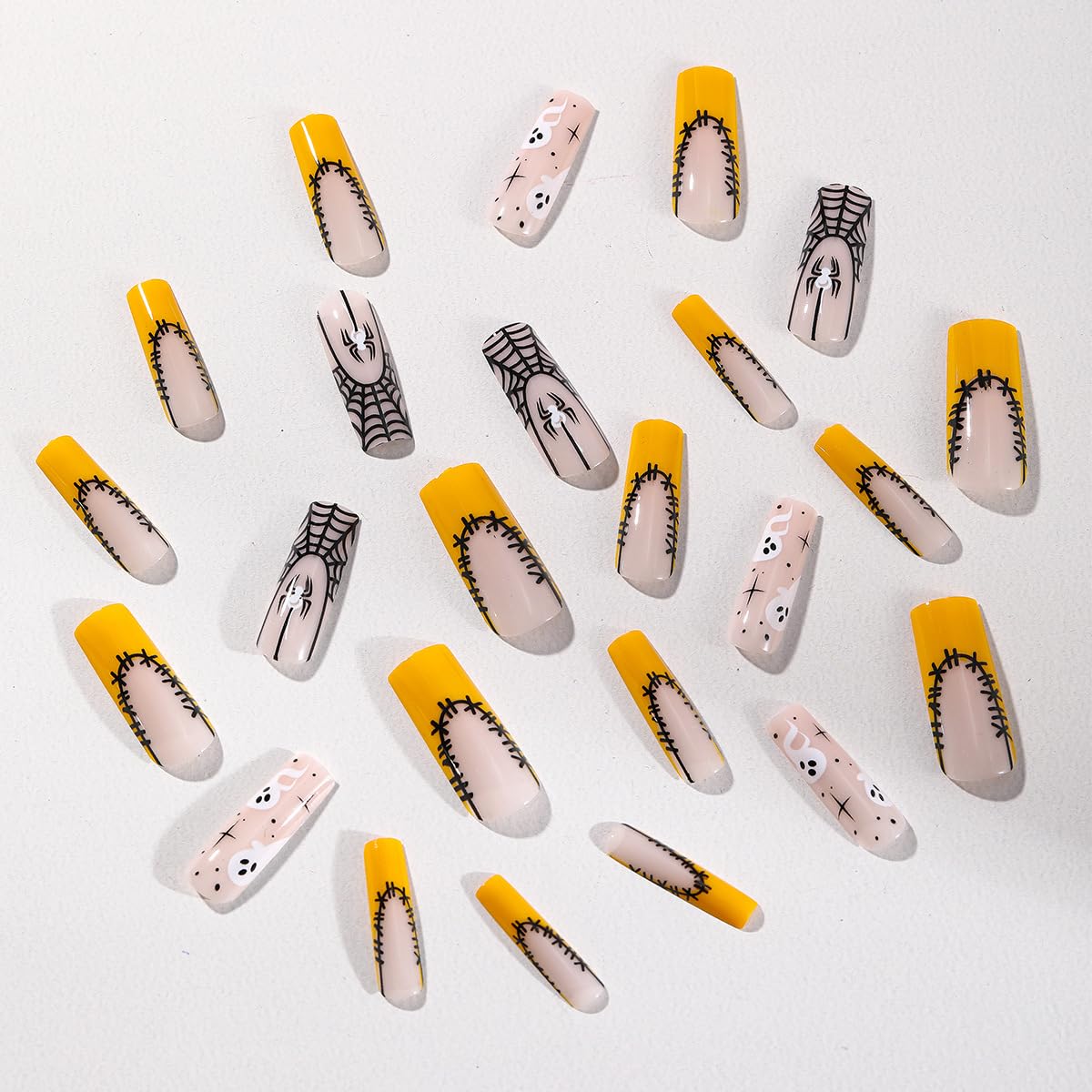 Halloween Press on Nails Long Coffin Fake Nails Spider Web Glue on Nails Cute Ghost Stick on Nails Square Nude Acrylic Nails Press ons for Women Manicure 24 Pcs