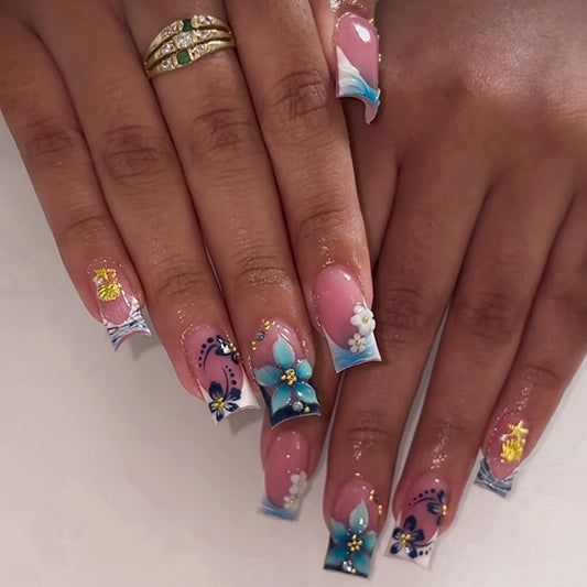 Square Press on Nails Medium Fake Nails Blue Artificial Nail French Flowers with Gold Charm Designs Stick on Nail for Women 24pcs