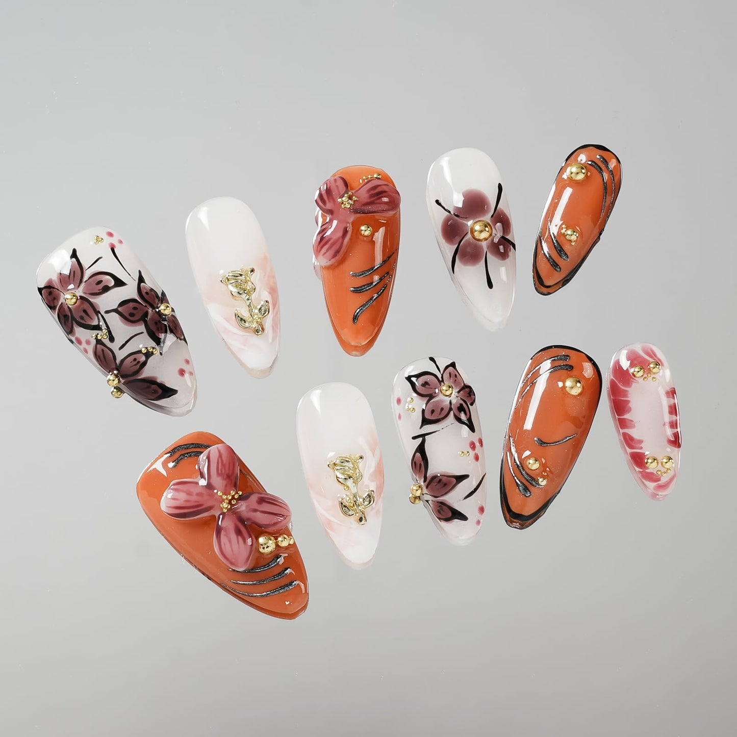 Tesytto 3D Embossed Flower Press on Nails Almond - Handmade Orange Brown & White Design, Luxury Glossy Reusable Fake Nails for Women(Orange Pink Flower Glaze, L)