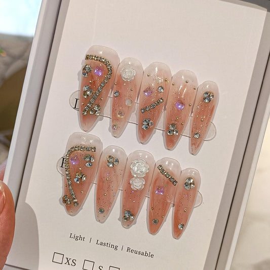 TENPAL Handmade Press on Nails Stiletto Rhinestones Pink Nails Press ons Ballet Acrylic Fake Nails With Diamond Camellia Designs 10pcs/Box Glue on Nails Long Y2k Sweet Cool Artificial Nails(S,Orange)