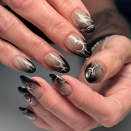 IMSOHOT Short Press on Nails Oval Black French Tips Fake Nails with Silver Totem Designs Round Full Cover Glossy Acrylic Gothic Glue on False Nails for Women 24Pcs