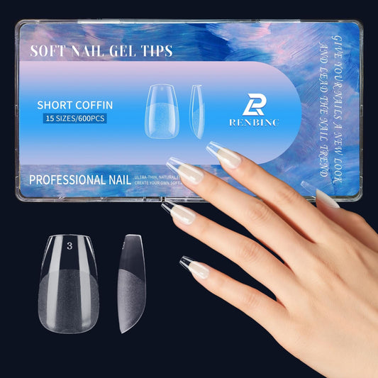 RENBING Gel Nail Tips Short Coffin,600pcs Fake Nails,15 Sizes Acrylic Nail Tips,Half Matte Press on Nail Tips,Full Cover Clear False Nails Gifts for Women Create Salon Nail Art at Home