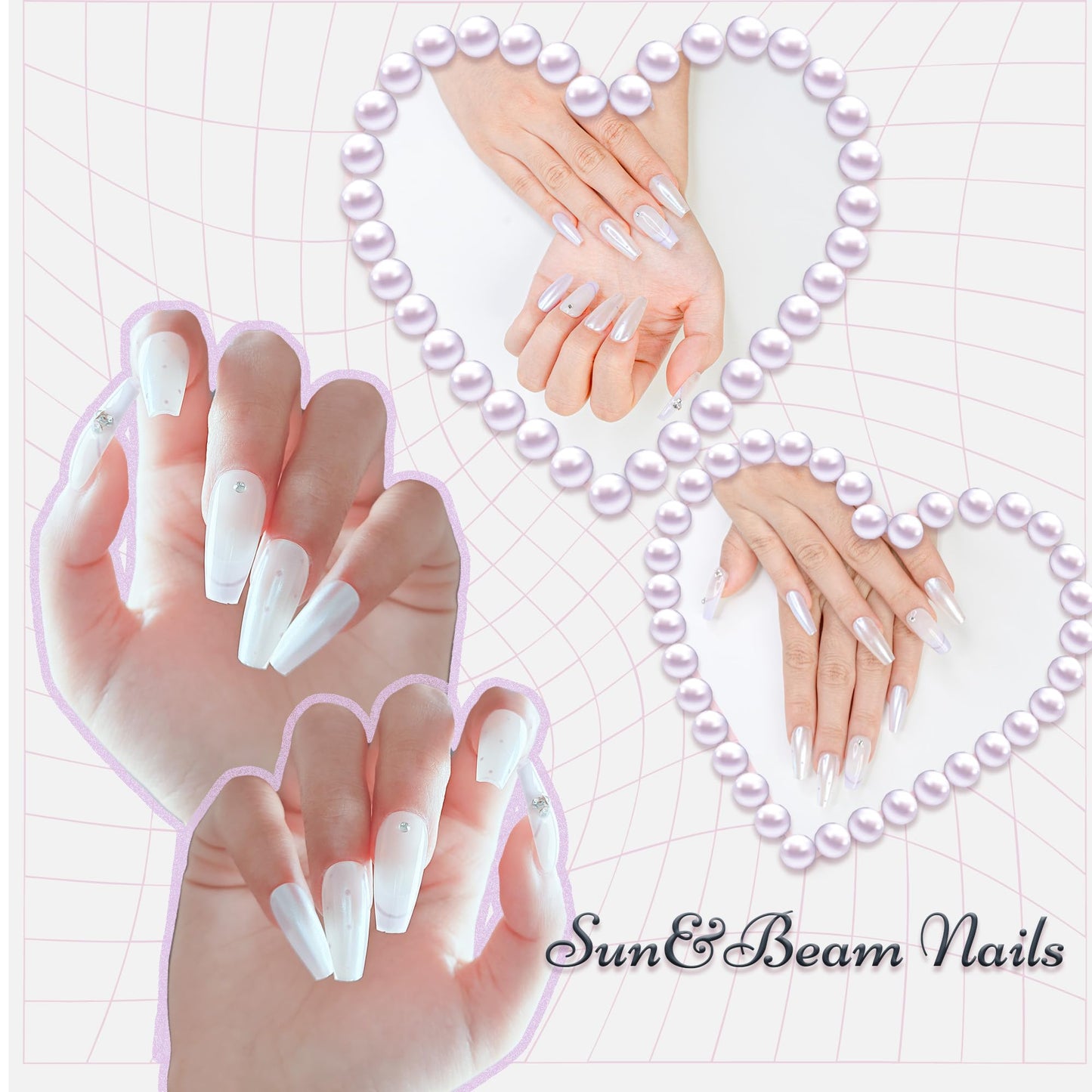 Sun&Beam Nails Handmade Press-on Medium Coffin Ballerina Silver Purple White Dot French Rhinestone Design Fashion False Nail Tips 10 Pcs Set (#182 M)
