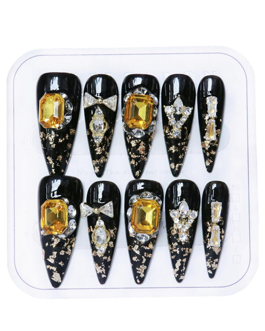 CAMILCY Luxury Handmade Press on Nails Black Gold Stiletto Glossy Reusable Long Fake Nails with Gold Foil Salon Quality Elegant Acrylic Artificial Nails for Women 10pcs(A020, L)