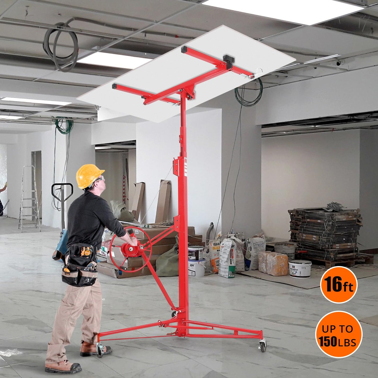 Garvee Drywall Lift 16 ft, Drywall Jack Lift for Ceiling, Adjustable Panel Hoist, 150 LBS Heavy Duty Drywall Lifter, 3 Lockable Wheels Foldable Sheetrock Lift for Home Improvement, Red
