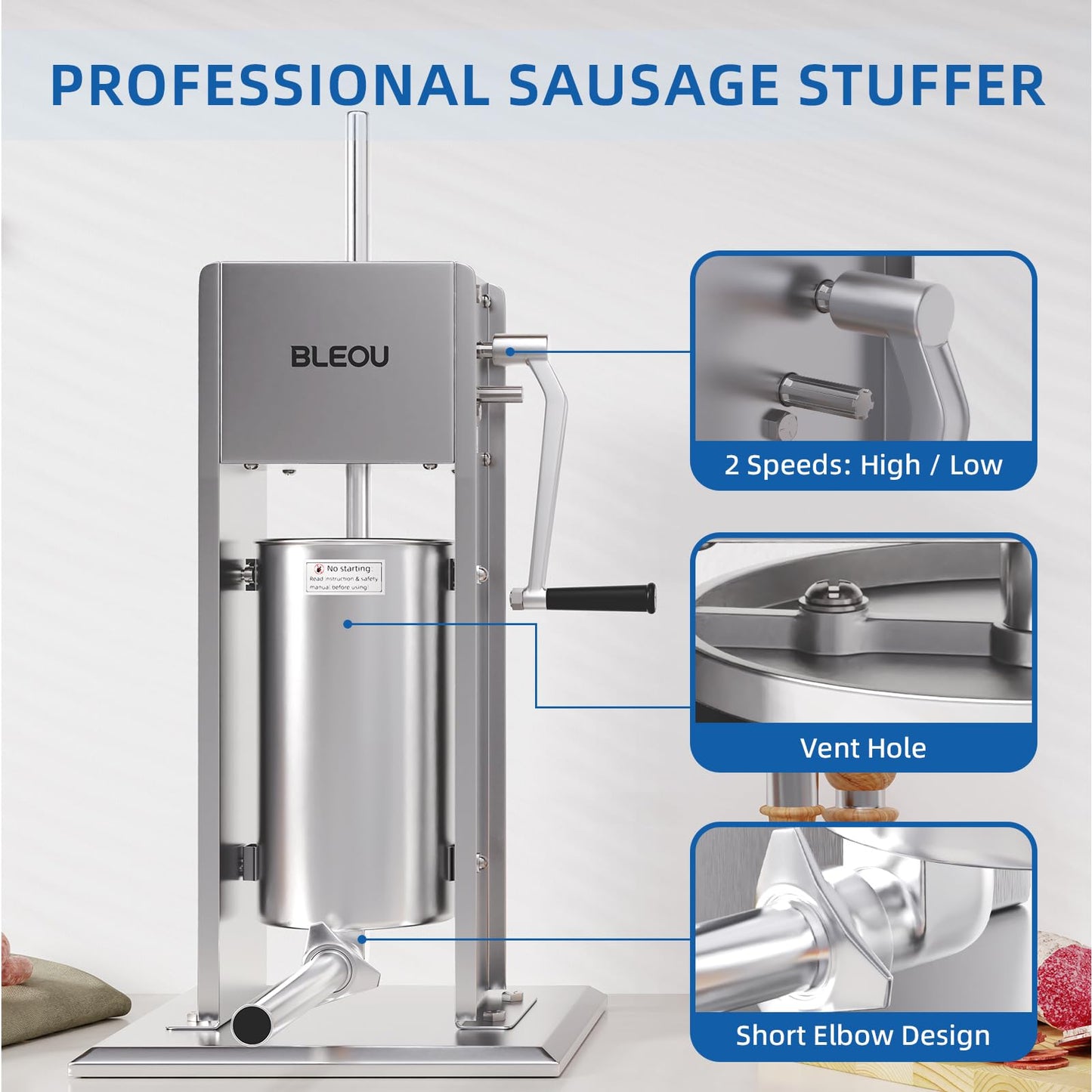 BLEOU Manual Sausage Stuffer 5L/11 LBS, Vertical Stainless Steel Sausage Maker with 4 Stuffing Tubes, Heavy Duty Meat Filling Machine for Home or Commercial Use