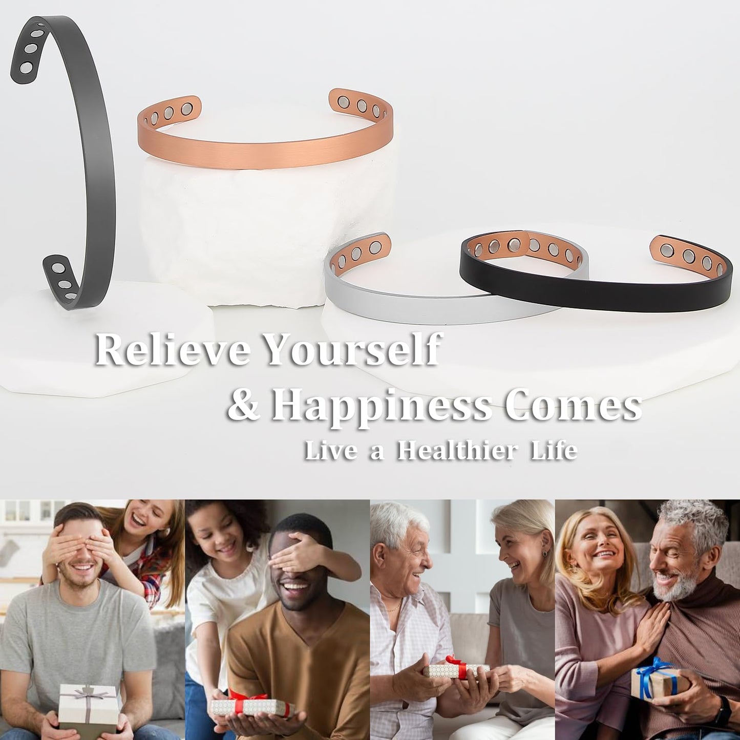 MagEnergy Copper Bracelet for Men and Women, 99.9% Pure Copper Magnetic Bangle with 8pcs 3500 Gauss Magnets, Adjustable Jewelry Gift (Silver / 6.8 Inches)