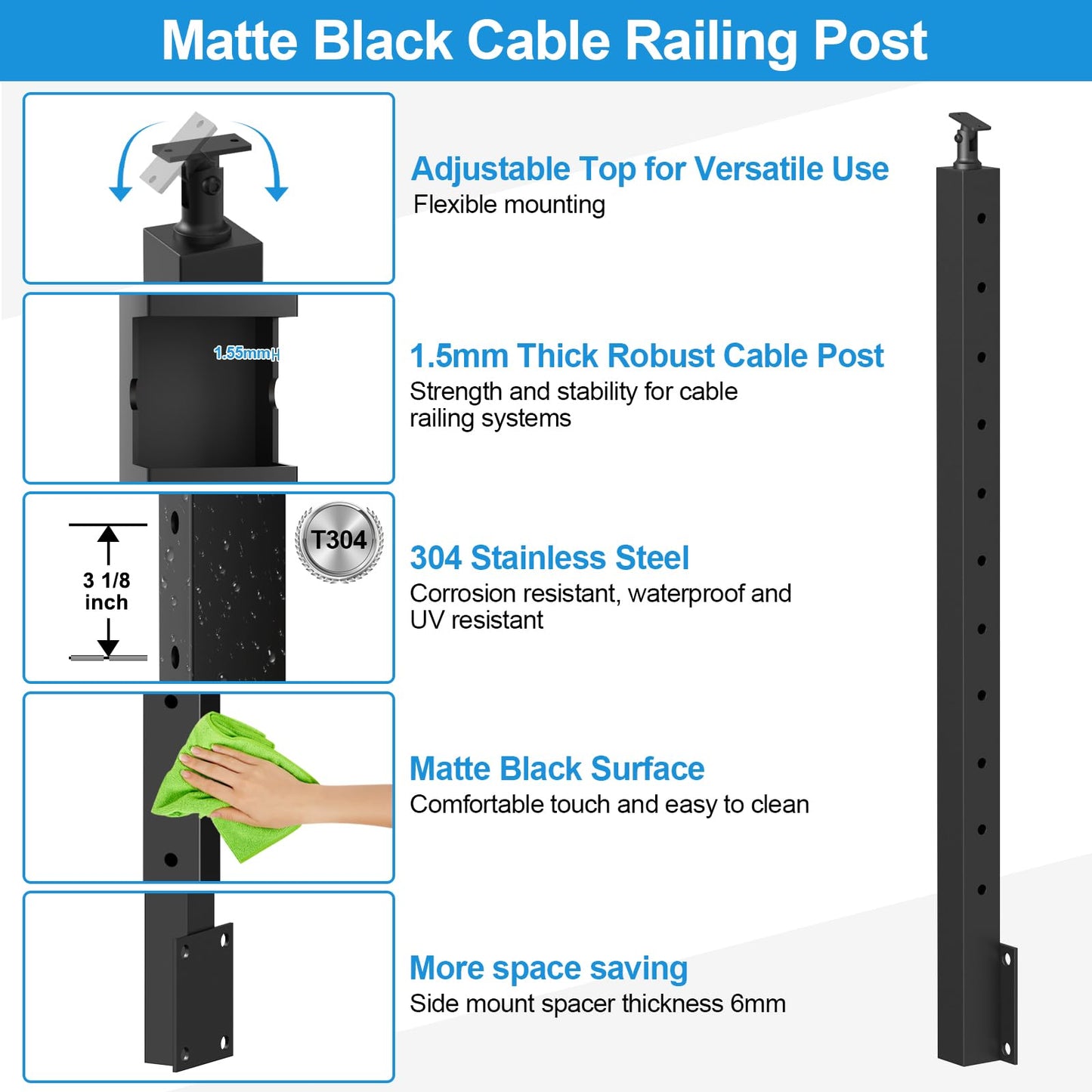 RailinGo 36" Side Mount Stair Railing Post, Stainless Steel Right Side 25~35° Stair Post w/Cable Grommets, Space-Saving Fascia Mount Deck Stair Railing System, 1/8" Black Cable Railing Kit, RG73