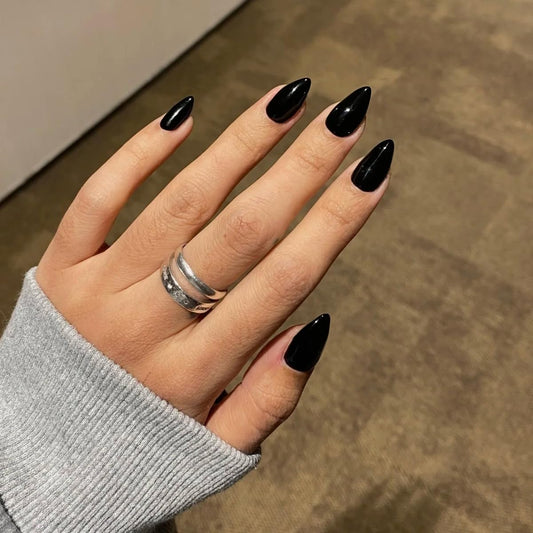 KQueenest Black Press on Nails Short Almond, 30 Pcs Black Fake Nails Acrylic, Sheer Color Gel Nails Press ons Medium Stiletto, Perfectly Fit, Reusable Stick on Nail for Women Winter Wear