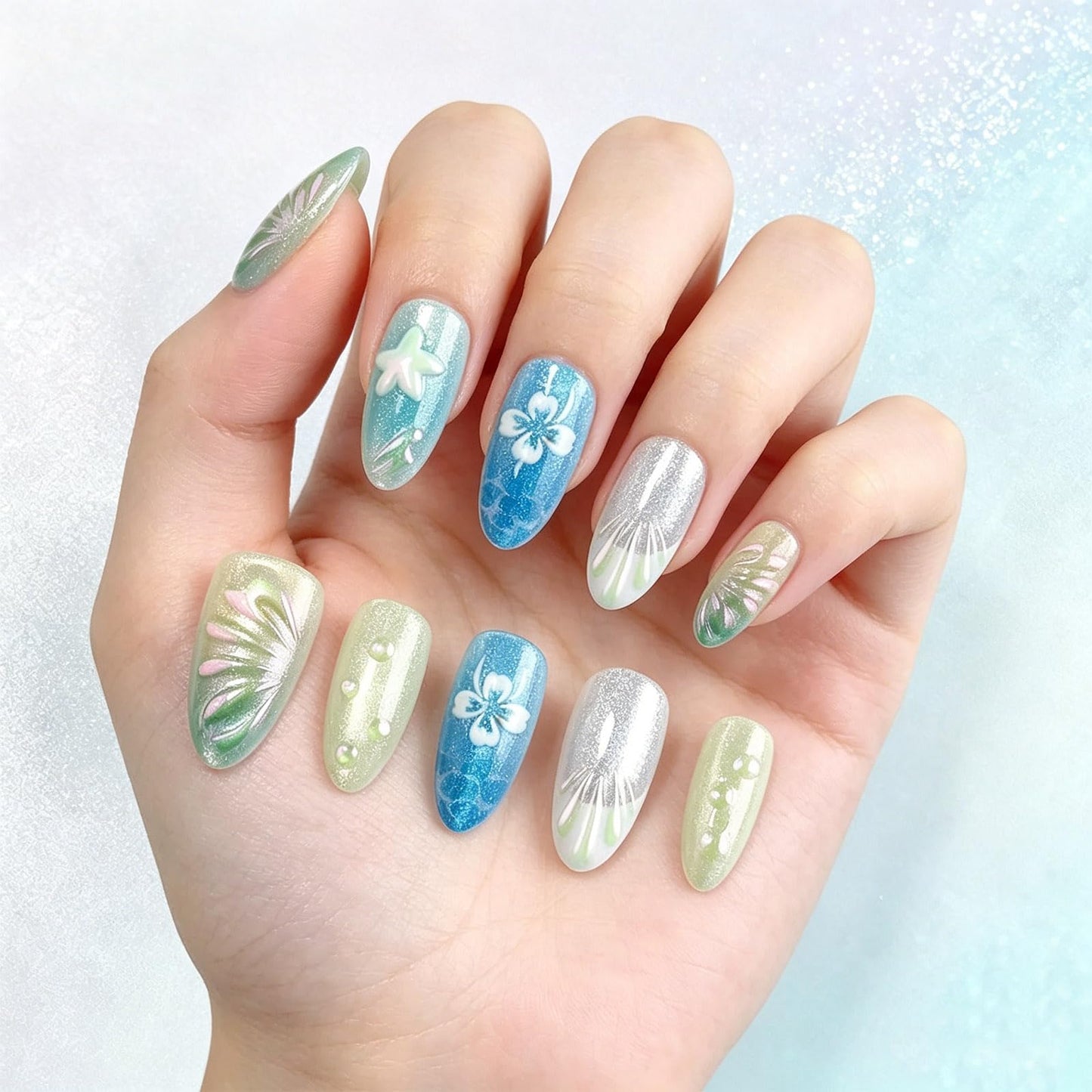 Ocean Press on Nails 3D Starfish False Nails with Seashell Design Medium Almond Fake Nail Glossy Sparkly Blue Gradient Glue on Nail White French Tips Stick on Fingernails for Women Summer Daily Wear