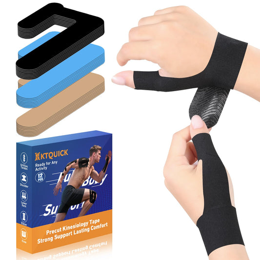 Precut Kinesiology Tape for Thumb Right, KTQUICK 12PCS Waterproof & Hypoallergenic Latex-Free Athletic Tape for Thumb Support, Wrist & Thumb Brace, Elastic Breathable Long-Lasting Thumb Tape (Black)