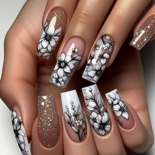 Long Press on Nails Square Fake Nails with Flower designs Stick on Nails Black White False Nails Glossy Full Cover Coffin Acrylic Nails Glitter Glue on Nails for Women Girls Spring Summer 24pcs