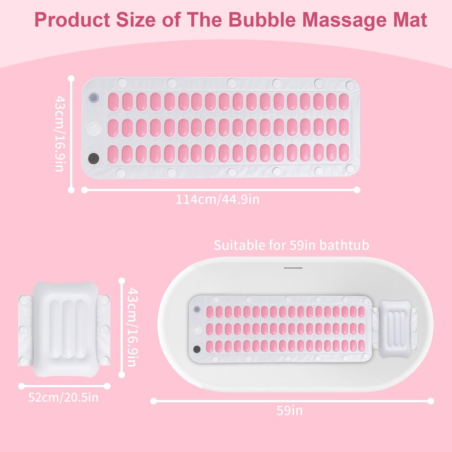 Electric Bubble Massage Mat with Pillow for Bathtub - Portable Spa Bubble Bath Massager, 6-Speed Adjustable Jet Spa & Remote Control, 13 Suction Cups, 74 Air Jets for Full-Body Relaxation