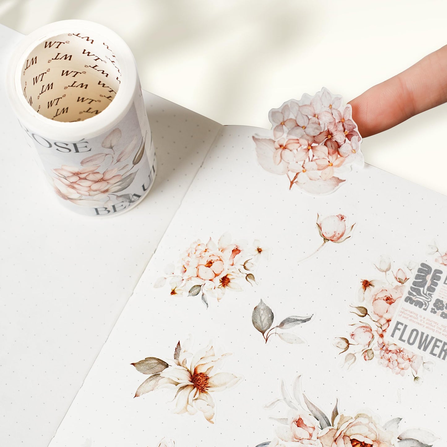 WT Pre-Cut Sweet Rosé Wide Washi Tape, Single Roll, Original Designs, Dreamy Rose Motifs & Subtle Handwritten Accents, Decorative Japanese Paper Tape for Journaling, Scrapbooking, Planner, DIY Crafts