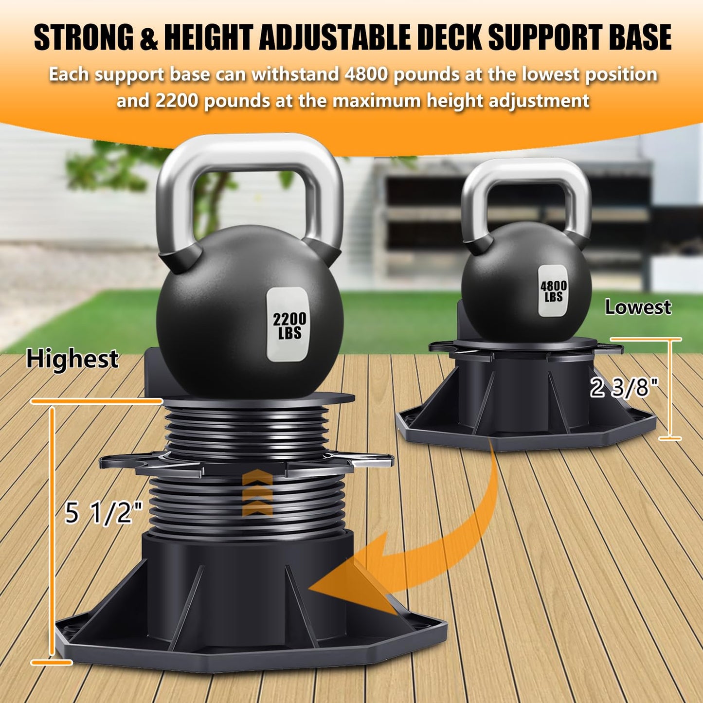 24 Pack Adjustable Deck Support Pedestal Deck Foundation Base Support，Used for Floating Deck Platform Deck Floor Height Adjustment Raising, Adjustment Raising from 2-3/8" to 5-1/2", Black
