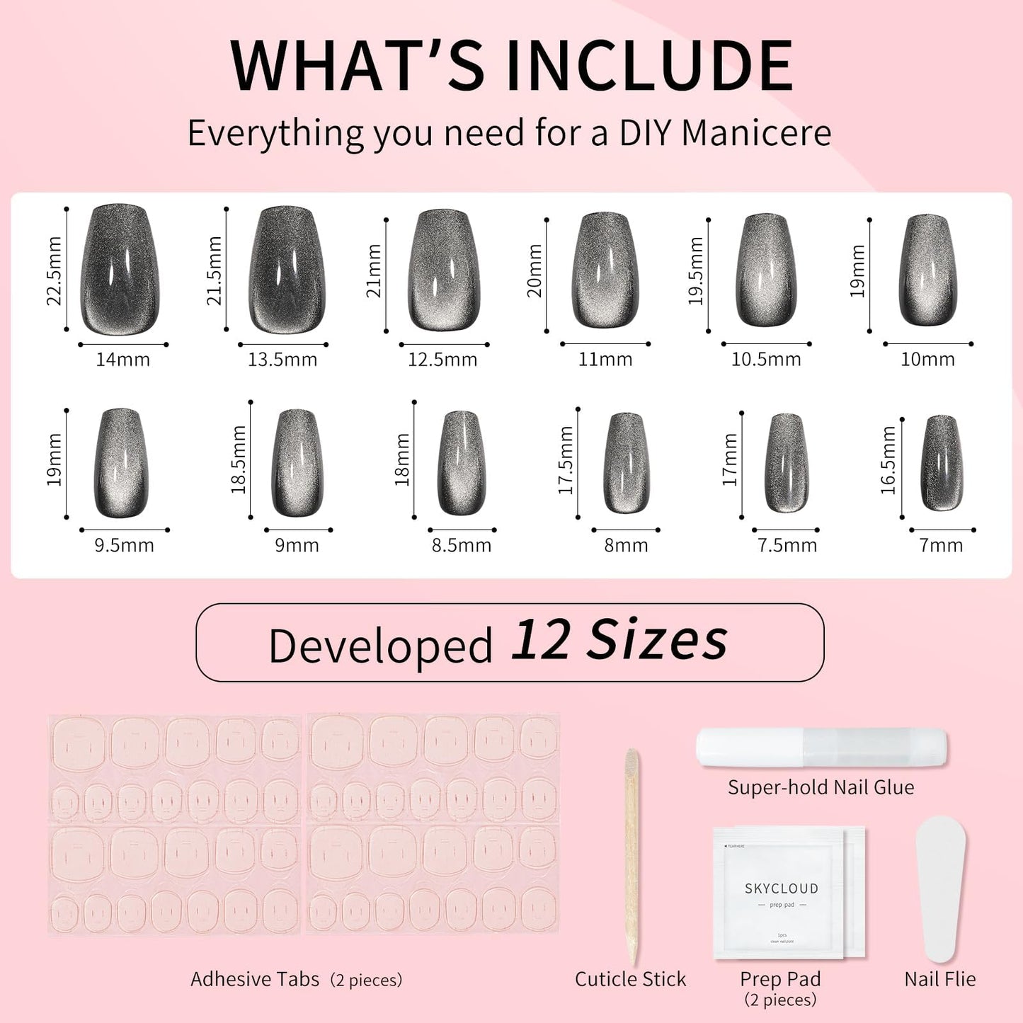Black Cat Eyes Press On Nails,12 Sizes-24 Pcs Soft Gel Black Medium Coffin Fake Nails Kit, Natural Reusable Stick On False Nails for Women and Girls SK0861