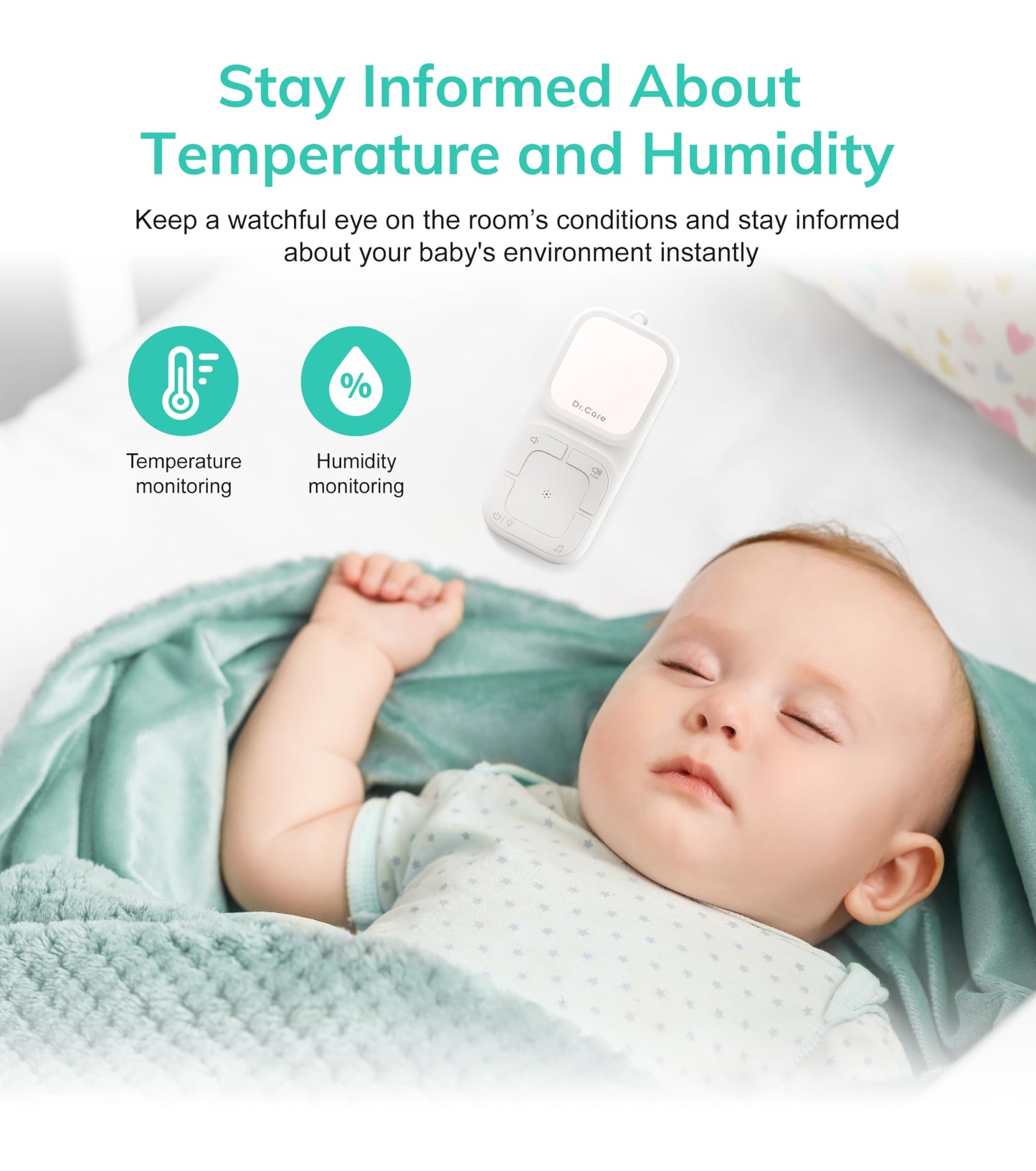 Dr.Care NeoGo Portable Baby Audio Monitor and Sound Machine | Baby Sleep Soother | Travel | Registry Gift with 1000ft Range, Two-Way Talk, VOX, Nightlight, 8 Lullabies, and Vibrating Sound Alert