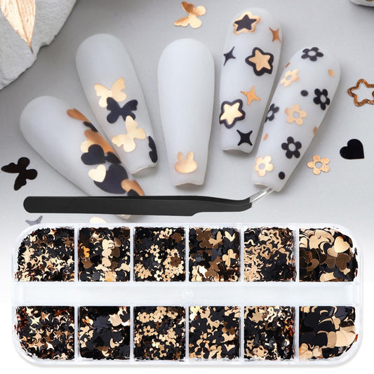1 Box 2 Color Holographic Butterfly Hearts Nail Glitter Black Gold Nail Sequins 3D Star Flower Nail Flakes Sparkly Powder Flakes Shiny Nail Confetti Rabbits Chunky Glitter for Nails Art 12 Grids